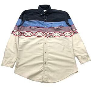 Vintage Express Riders Western Aztec Colorblock Button Down Shirt Mens M Tan